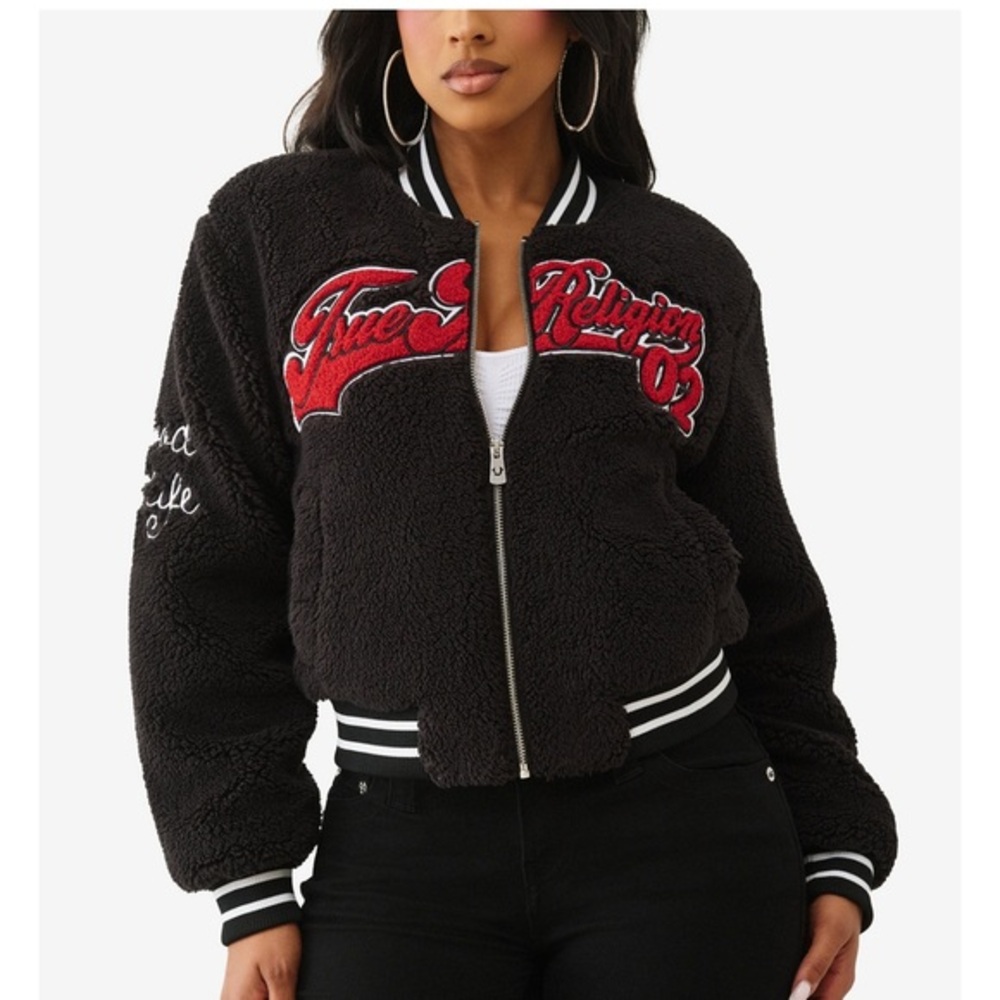 True Religion Black Teddy Bomber Jacket with Red Script
